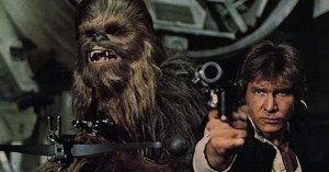 Harrison Ford and Peter Mayhew as Han Solo and Chewbacca in "Star Wars: Episode IV A New Hope".